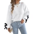 thumbnail image 3 of Women Knit Crew Neck Contrast Lantern Long Sleeve Pullover Sweater with Decorative Cuff Straps White M, 3 of 9