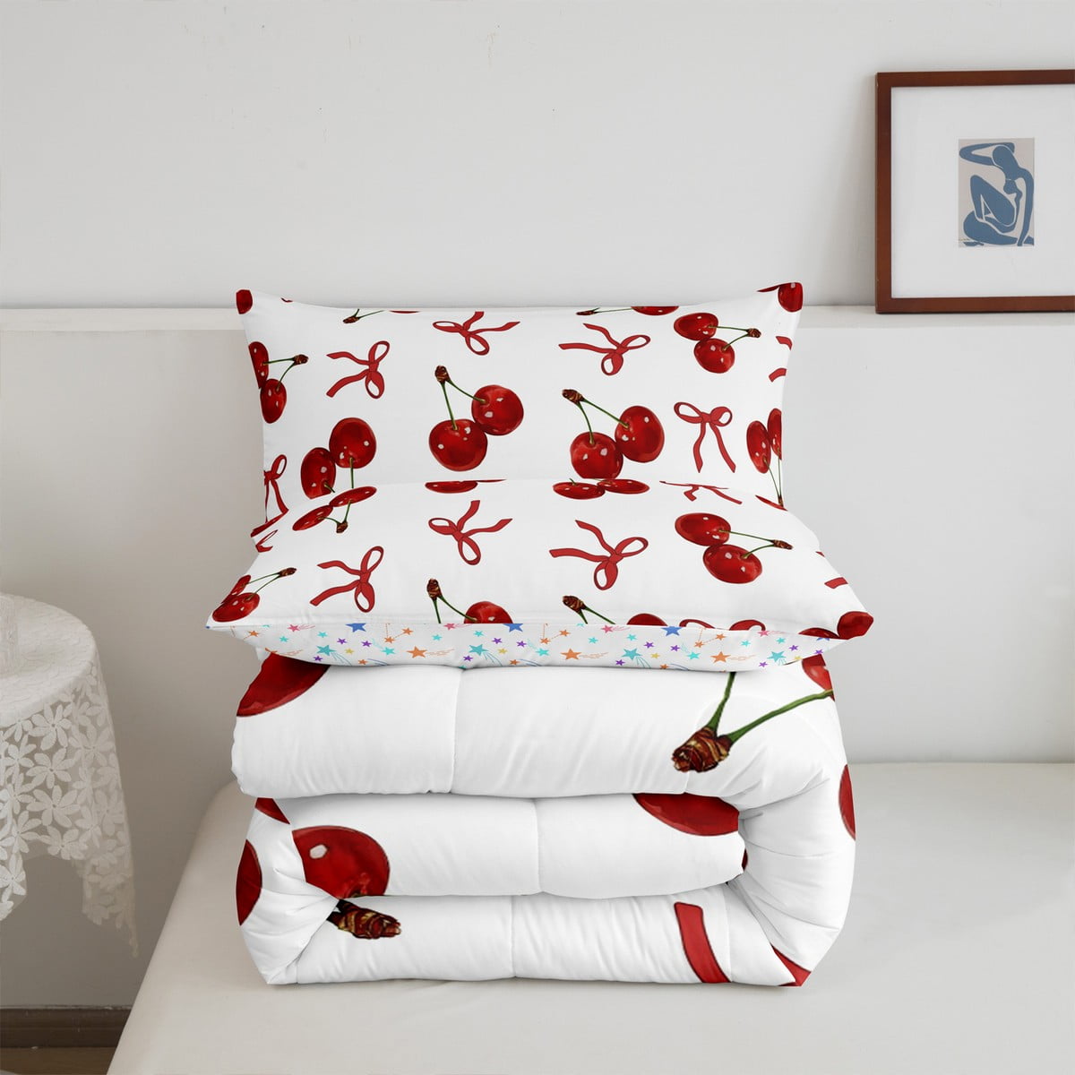 Erosebridal Red Cherry Bedding Sets Full with Comforter, Cartoon Bow Duvet Insert, Princess Style Decor, Reversible 3 Pieces