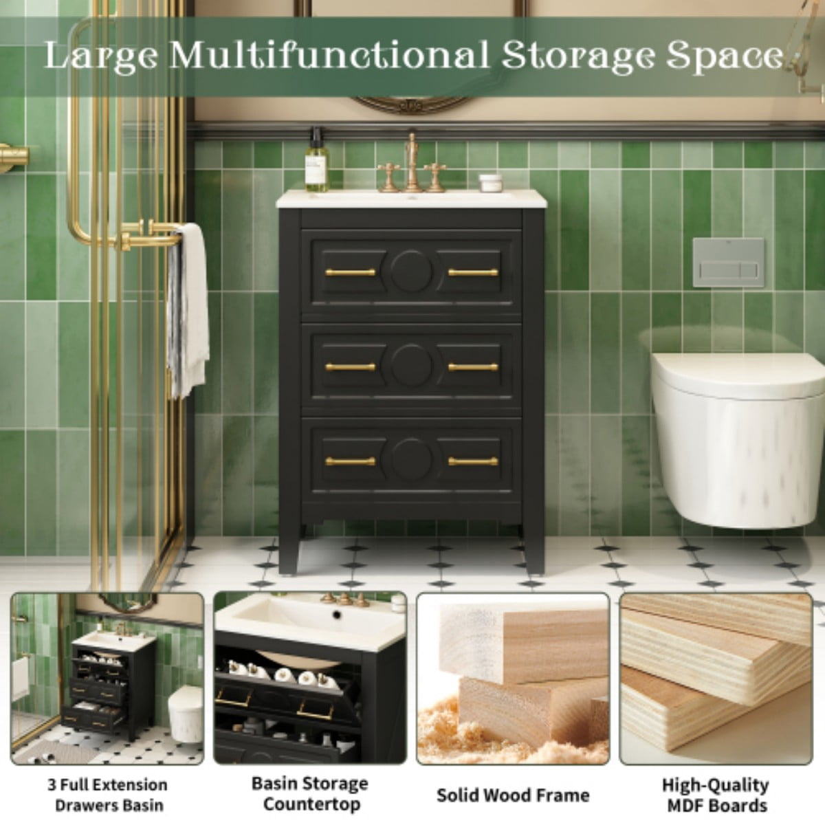 24" Bathroom Vanity with Ceramic Sink Combo, Freestanding Bathroom Storage Cabinet with 3 Drawers, Solid Wood Frame, Black