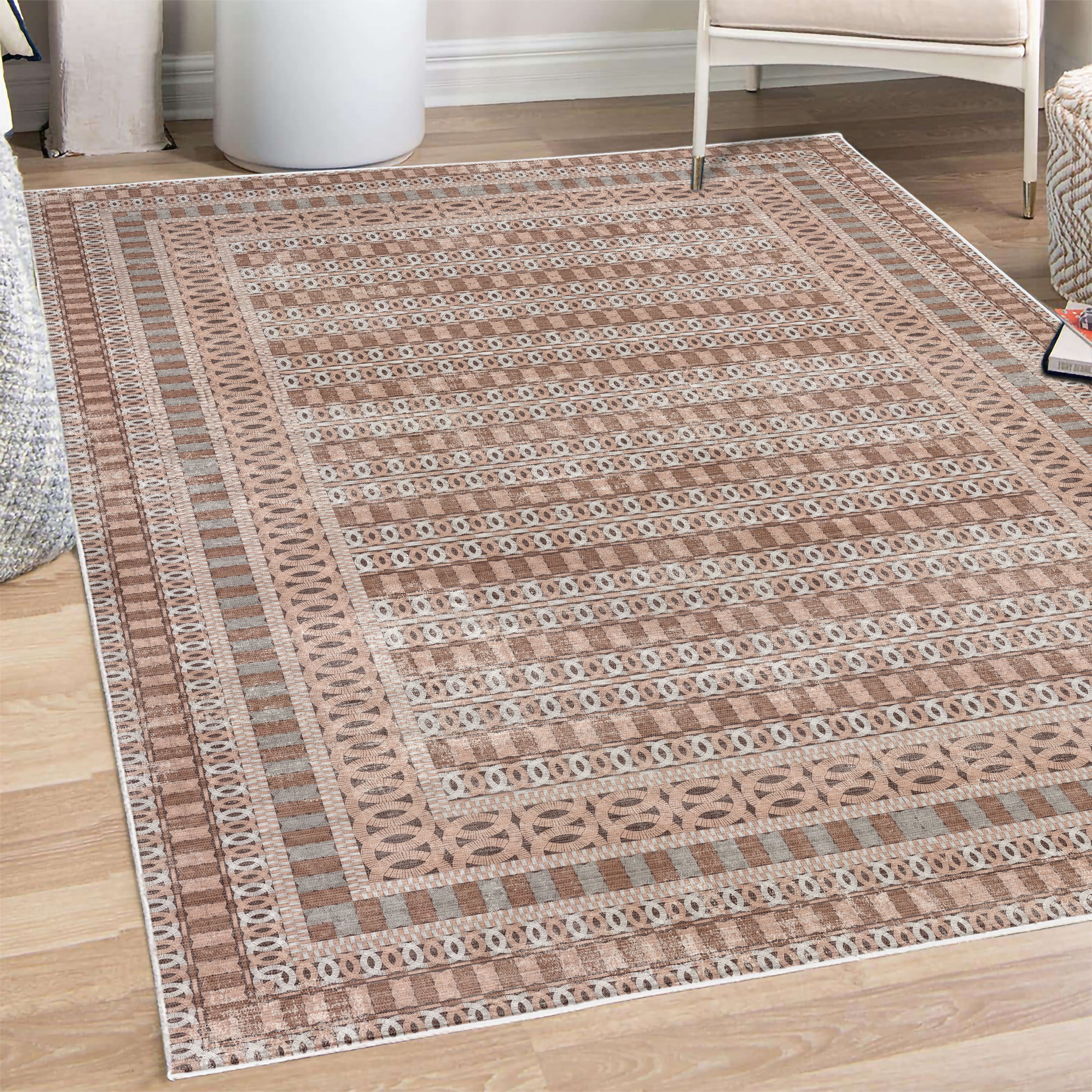 Tribal Decorative Rug, Retro Weathered Look Circles Grid Stripe Bars on ...