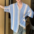 thumbnail image 6 of Xioeram Summer Men Shirt Knitted Color Matching Lapel Elastic Japanese Style Single-breasted Short Sleeves Retro Antu-shrink Casual Vacation Beach Top Knitwear, 6 of 7