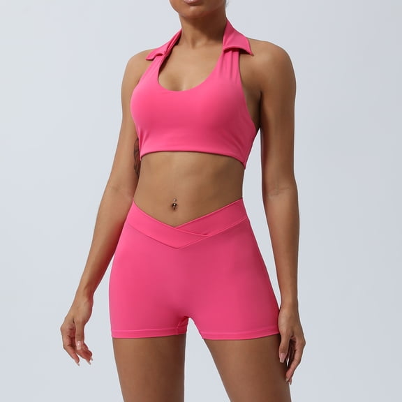 PISONIC 2 Piece Workout Sets for Women Halter Sports Bra Tank Gym Biker Shorts Outfits