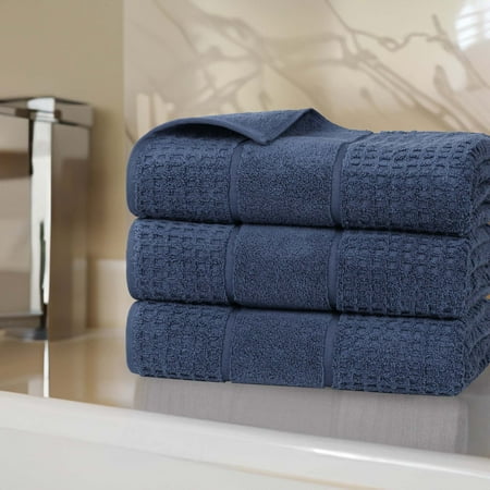 Superior Zero Twist Cotton Waffle Border Bath Towel Set of 3, Navy Blue