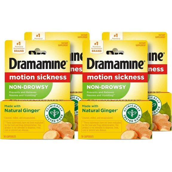 Dramamine Non-Drowsy Naturals Motion Sickness Relief Capsules with Natural Ginger 18 ea, 18 ct (Pack - 4)