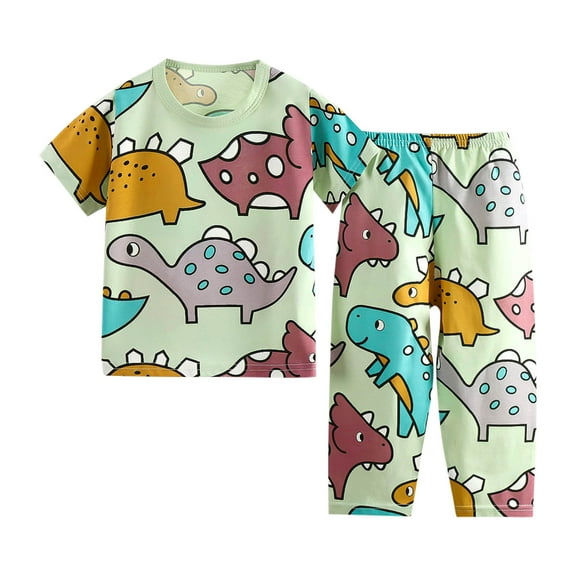 CYRBOKO Boys Pajama Sets, Cotton Short Sleeve Two Pieces Stretch Loungewear Sets Green Size 8 T
