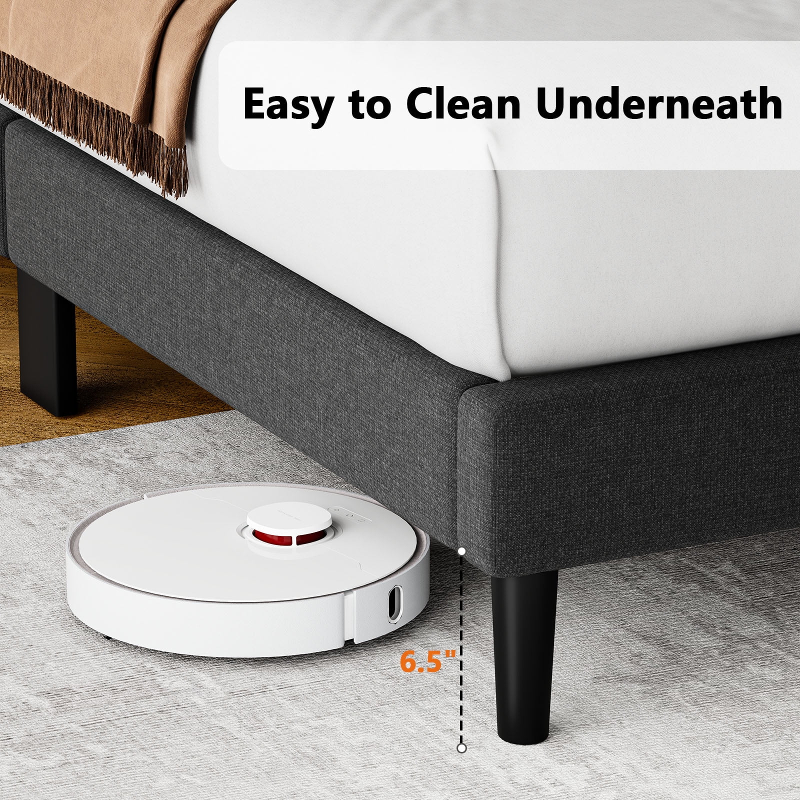 Twin Bed Frame with 12 Thickened Legs, 3-Level Linen Adjustable Upholstered Headboard, Fully Upholstered Mattress Foundation, No Box Spring Needed, Noise-Free, Up to 1300 lbs, Dark Grey