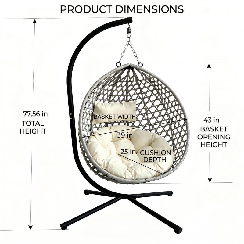 350lbs Capacity Foldable Hanging Chair with Stand, HDPE Rattan Accent Swing Egg Chair with Cushions for Indoor/Outdoor