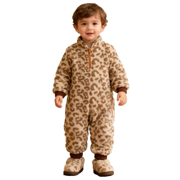 Unisex Boys Winter Romper Jumpsuit Leopard Print Long Sleeve Reversible Full Length Pants Crew Neck Soft Cozy Outfit Playwear for Toddler Baby Khaki 3 Months-6 Months