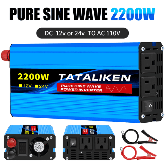 2200W Pure Sine Wave Power Inverter  - DC 12V to AC 110V Converter  Blue Housing with Dual Outlets - Car/Truck/RV Inverter