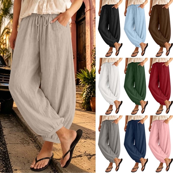 Noric Women's Cotton Linen Jogger Pants Drawstring Elastic Waist with Pockets Loose Casual Cuffed Ankle Trousers