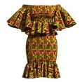 thumbnail image 2 of Bintarealwax African Two Piece Skirt Set for Women Kente Print Bodycon Off Shoulder Smocked Top and Skirts Outfits, 2 of 5