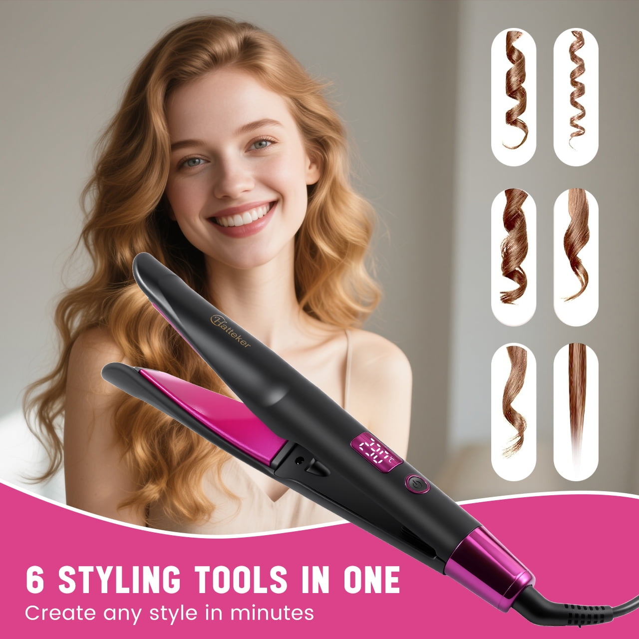 HATTEKER Professional 2-in-1 Curling & Straightening Iron - Hair straightener - curling iron - 11 Temperature Settings - Auto Shut-off - Black