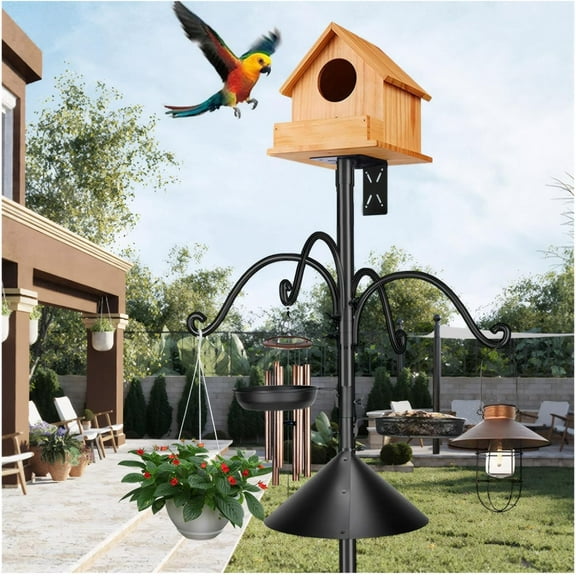 92 Inch Metal Bird Feeder Pole with Squirrel-Proof Baffle, 4 Hooks & 2 Feeding Trays - Heavy Duty 5-Prong Base Outdoor Birdhouse Stand, Garden Bird Feeding Station (Black, 92inch)