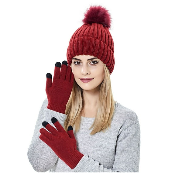 MIASHUI Women's Winter Hat and Touchscreen Gloves Set Warm Knit and Mittens for Outdoor Red