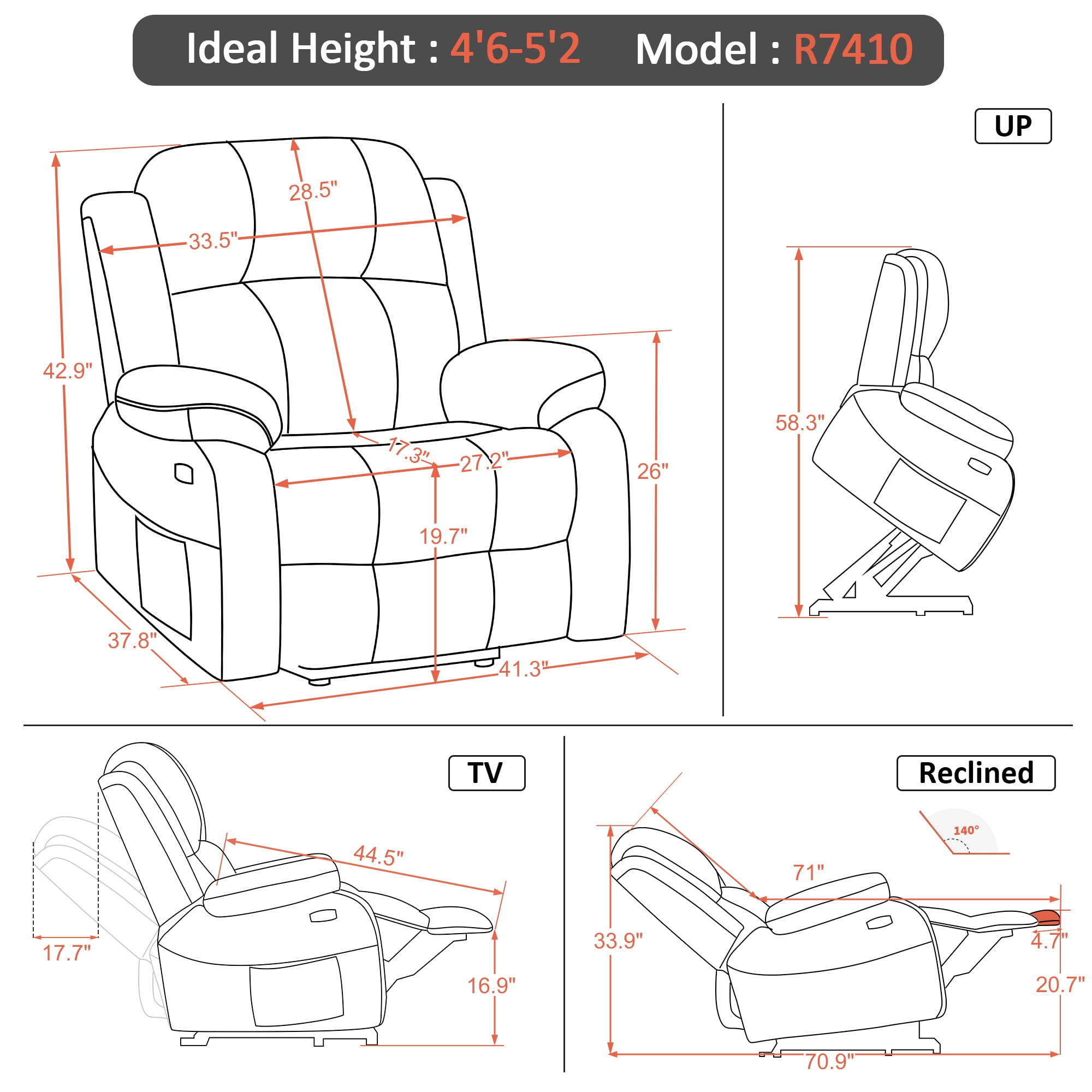 MCombo 27.2'' Extra Wide Seat Power Lift Recliner Chair with Massage and Heat for Short People, Faux Leather R7410 (Dark Brown, Wide)