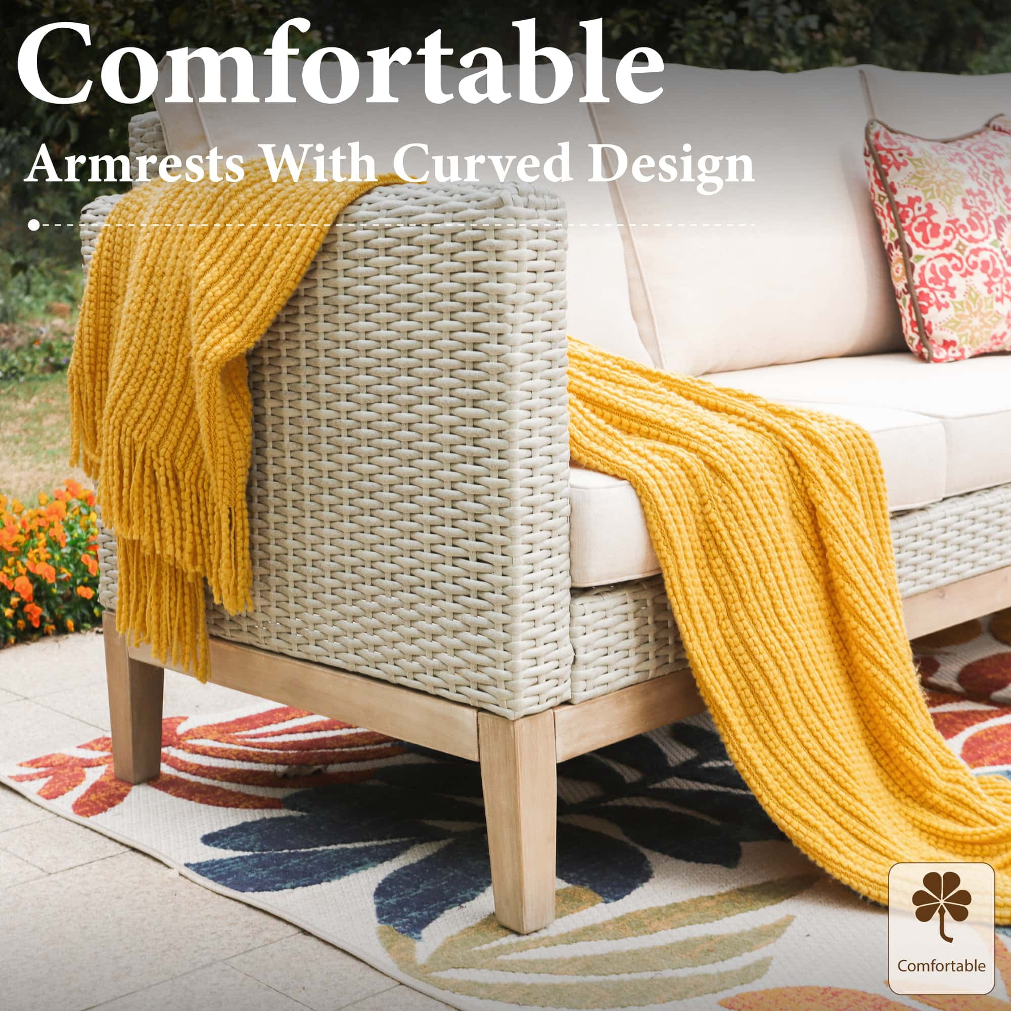 MF Studio 5 Pieces Outdoor Patio Conversation Set Wicker Furniture Sectional Sofa Set with Solid Acacia Wood Frame Beige