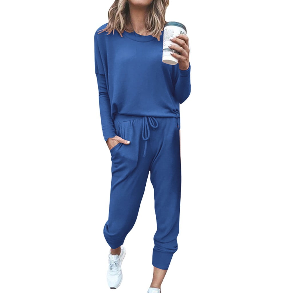 2Pc Women Pure Color Suit Long Sleeve Leisure Pocket Home Sweatpants ...