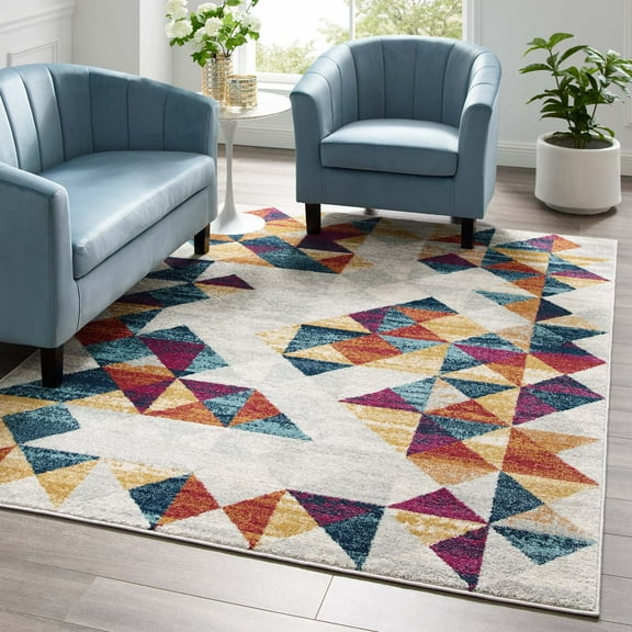 Modway Entourage Elettra Distressed Geometric Triangle Mosaic 5x8 Area Rug in Multicolored