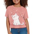 thumbnail image 3 of Uourmeti Cat Kids Short Sleeve T-Shirt Cute Short Crewneck Pullover Lightweight Loose Athletic Crop Top for 5-14Y Girls, 3 of 6