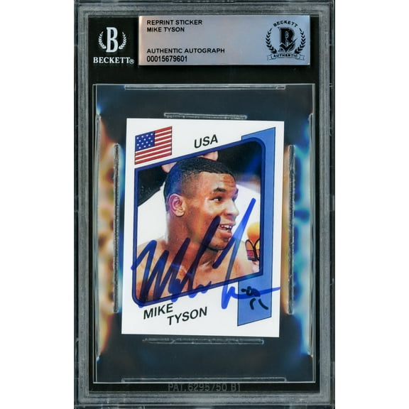 Mike Tyson Autographed 1986 Panini Supersport Reprint Rookie Retro Sticker Card #153 Beckett BAS 228825