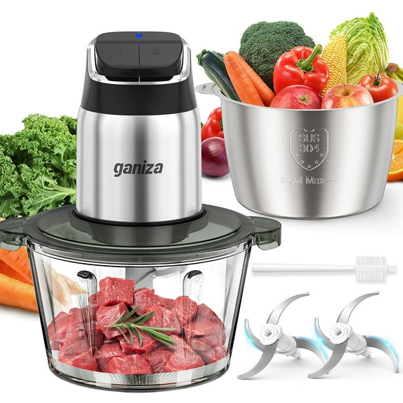 Ganiza Food Processor, 2-Speed Food Chopper Meat Grinder with 2 Bowls, Upgraded Button & Smart Overheat Protection Light - Clean Brush, 2 Blades