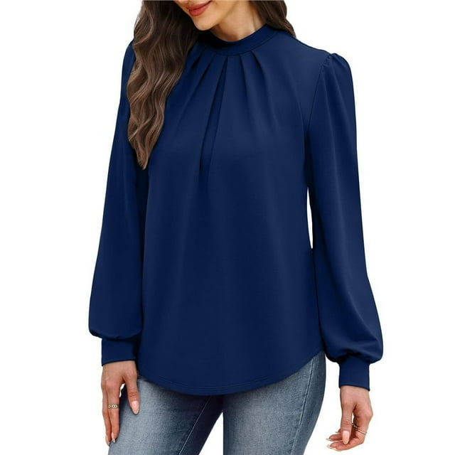 Camisas de Larga para Mujer, Blusas de Cuello Alto con Pliegues Delanteros, Ropa Informal Elegante para Otoño. Azul Marino L