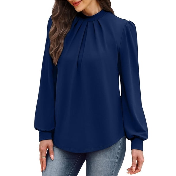 Camisas de Larga para Mujer, Blusas de Cuello Alto con Pliegues Delanteros, Ropa Informal Elegante para Otoño. Azul Marino XXL