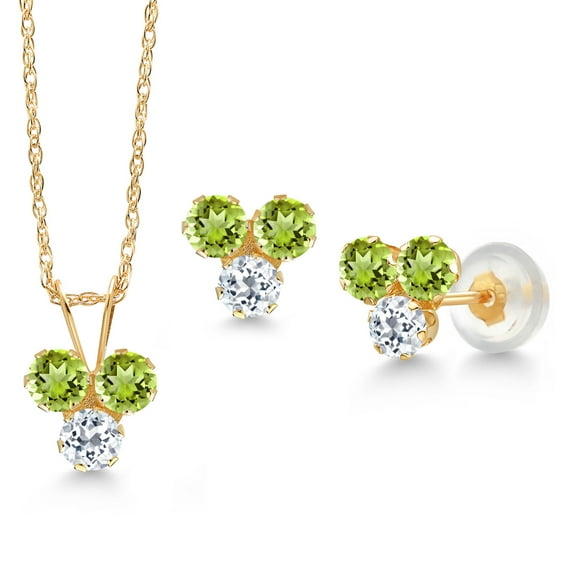 Gem Stone King 14K Yellow Gold Green Peridot and White Topaz 3 Stone Pendant and Earrings Jewelry Set for Women (1.14 Cttw, Round 3MM, with 18 inch Chain)