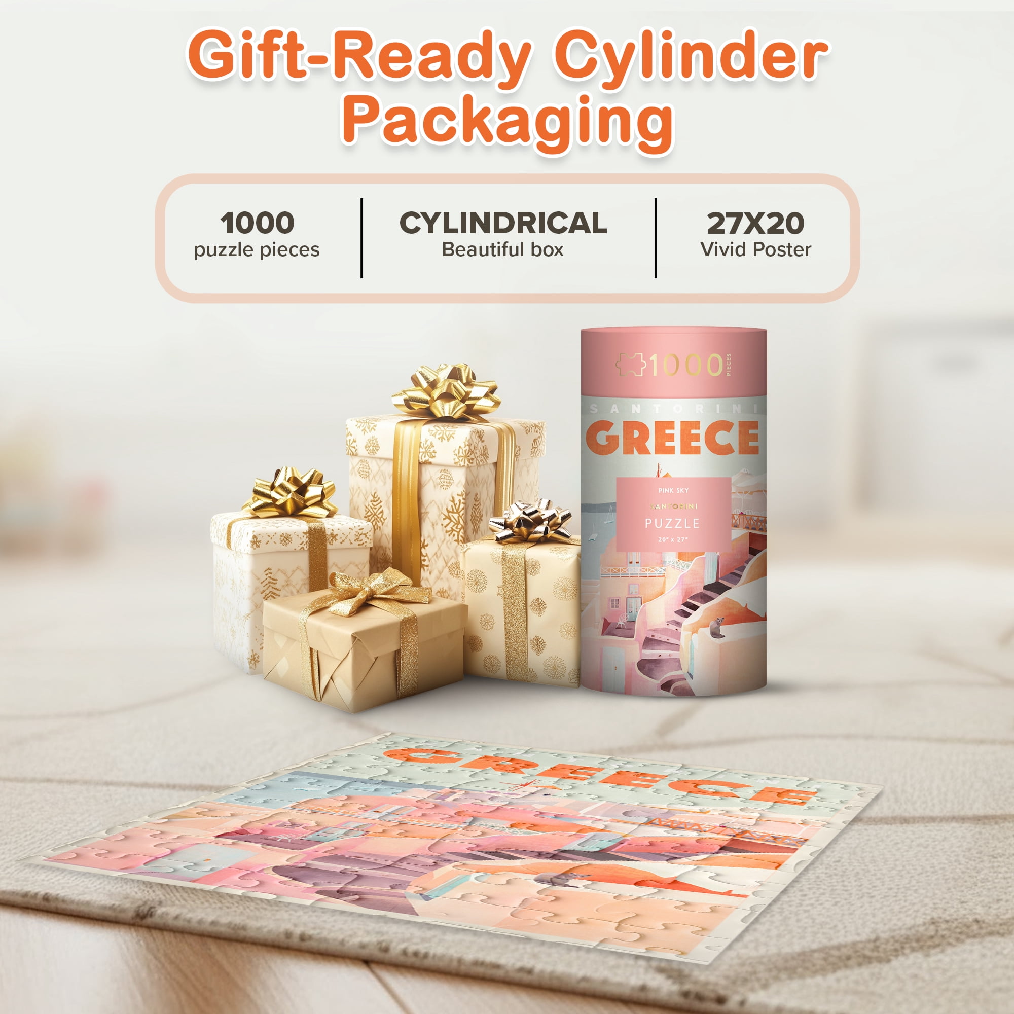 Greece Pink Sky Puzzle 1000 Piece Cylinder Puzzle Tube Gift Jigsaw Puzzle