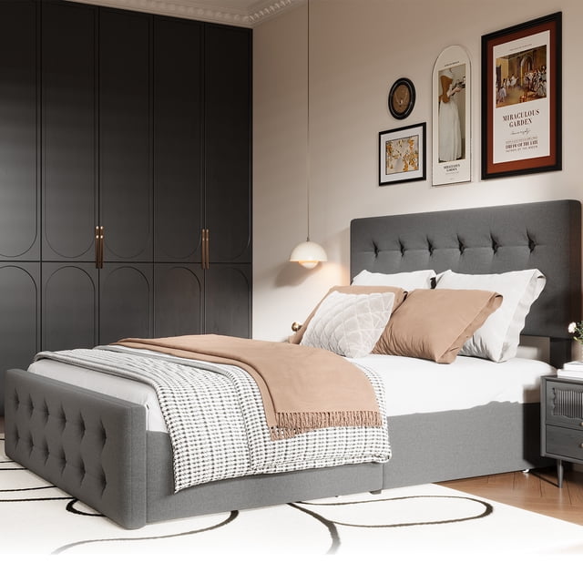 Bed Frame with 4 Storage Drawers, Upholstered Platform Bed Frame, Button Tufted Design, Wooden Slats Support, No Box Spring Needed