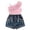 Pink, variant on Girls Summer 2 Piece Set Off-Shoulder Ruffled Sleeveless Tops Elastic Waist Print Denim Shorts Trendy Casual Outfits (4-5Years, Yellow)