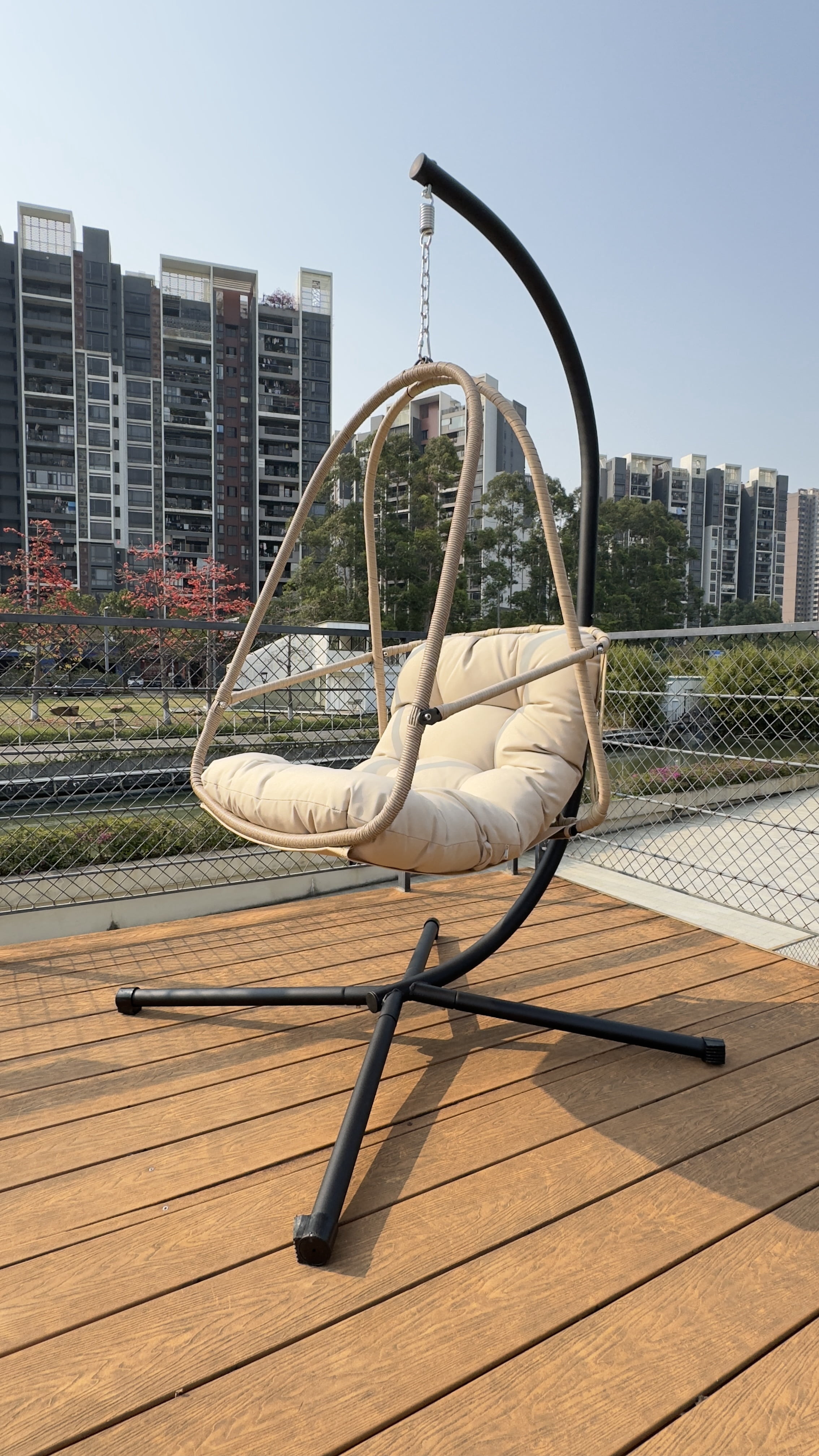 Swing Egg Chair with Stand, Wicker Rattan Hanging Chair with Cushion Pillow for Indoor Outdoor Patio Garden Balcony, Beige Brown
