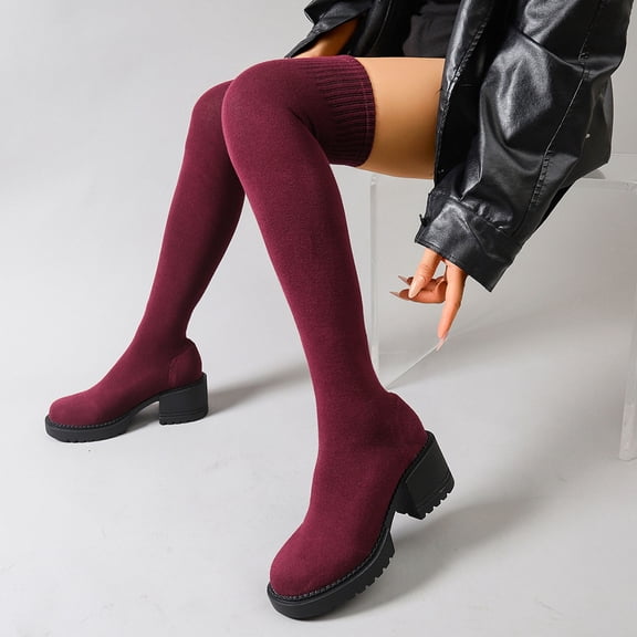 Xfvqtps Womens Thigh High Boots Knit Mesh Pull on Stretchy Block Mid Heel over the Knee Boots