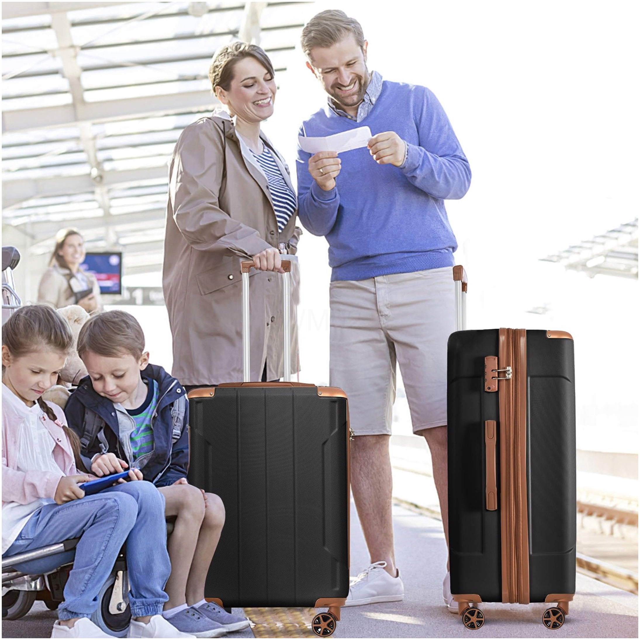 3 Piece ABS Hard Shell Luggage Set with Spinner Wheels and TSA Lock, Expandable Suitcases for Travel (Black Brown)