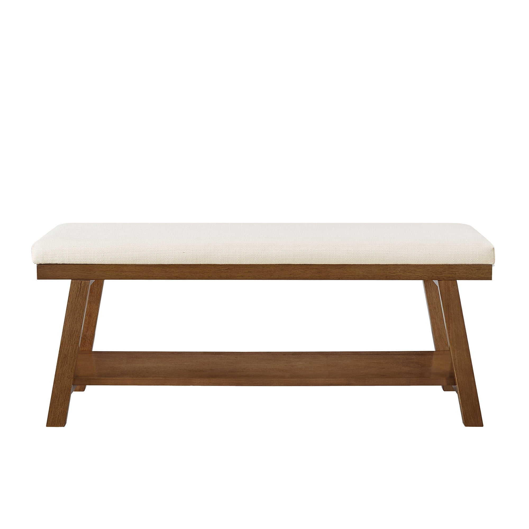 Leumius Upholstered Bench with Storage Shelf,Modern Linen Fabric with Cushioned Seat for Bedroom, Entryway, Living Room,350 lbs Capacity,Ivory