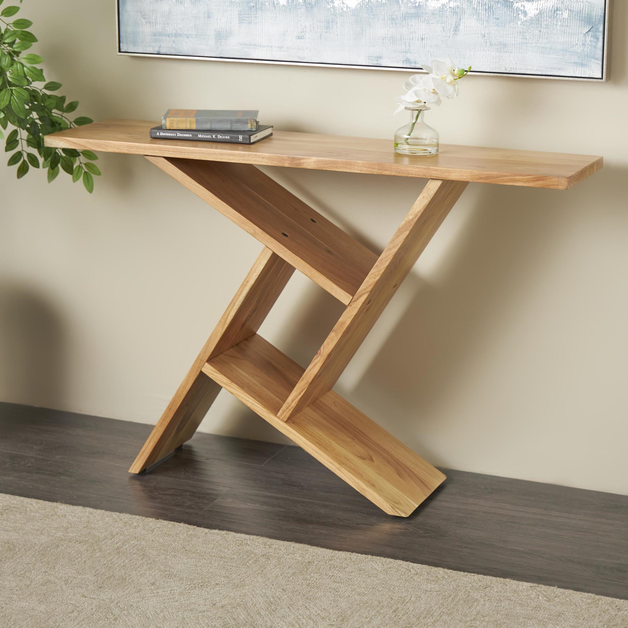 DecMode 48" x 32" Brown Wood Geometric Console Table with Rectangular Patterned Legs, 1-Piece