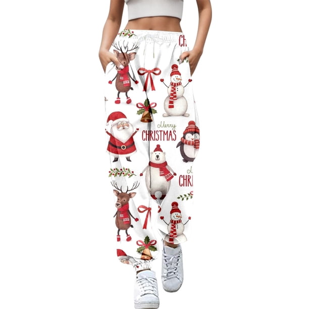 Gibobby pantalones termicos mujer Mujer Otoño e Invierno Casual moda Navidad divertido impreso cintura elástica pantalones deportivos pantalones casuales (Blanco, M)