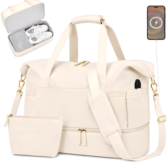 DAKIMOE Travel Duffle Bag Set for Women 2 Pack, Large Waterproof Weekender Overnight Carry On with Toiletry Bag/USB Charging Port/Wet Pocket/Shoe Compartment, Gym Hospital Labor Delivery Duffel Tote