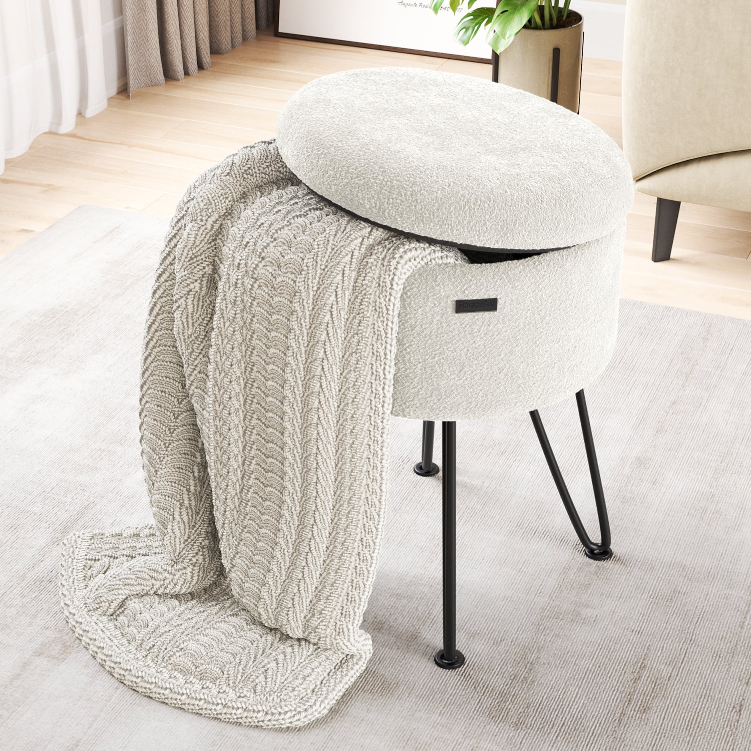 LammaLoe Small Round Ottoman with Storage, Boucle Ottoman Foot Stool with Lid, Upholstered Vanity Stool for Living Room & Bedroom, White