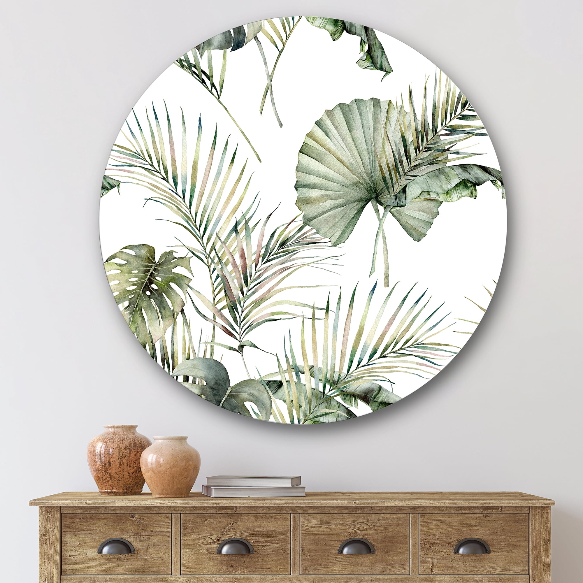 Designart 'Monstera and Coconut Leaves With Tropical Pattern' Traditional Circle Metal Wall Art 36x36 - Disc of 36