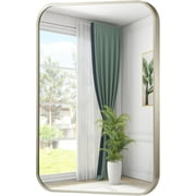 Bathroom Mirror, Brushed Brass Gold Metal Framed Rectangular Mirror with Rounded Corner, Bathroom Vanity Mirror for Bedroom or Living Room, Horizontal/Vertical