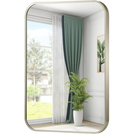 Bathroom Mirror, Brushed Brass Gold Metal Framed Rectangular Mirror with Rounded Corner, Bathroom Vanity Mirror for Bedroom or Living Room, Horizontal/Vertical