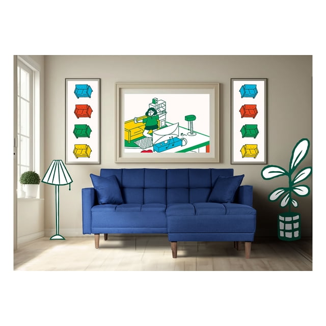 Sala Modular Sofá Cama Reversible Makora De Lino Azul Modelo Mykolo