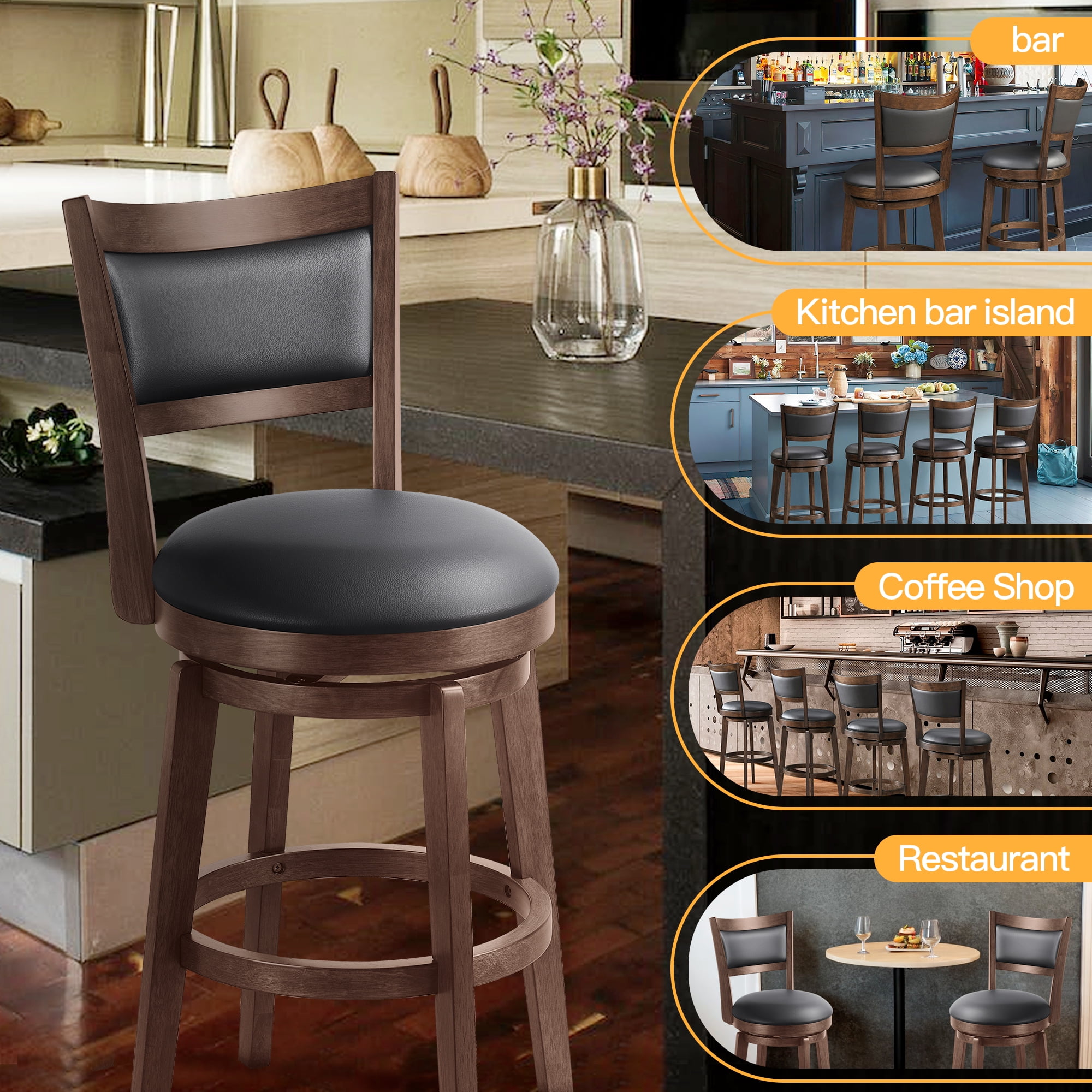 TrumanPick Counter Height Swivel Barstool 24" Seat Bar Stools High Back Leather Bar Chairs for Kitchen Island Cappuccino Finish, 4 Pack