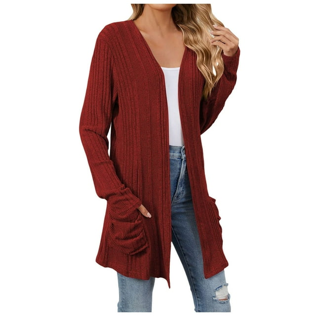 GPOECD Women Fall Solid Color Open Front Cardigan Lightweight Long Sleeve Pure Color Slim Fit Cardigan Outerwear with Pockets C-Red,M