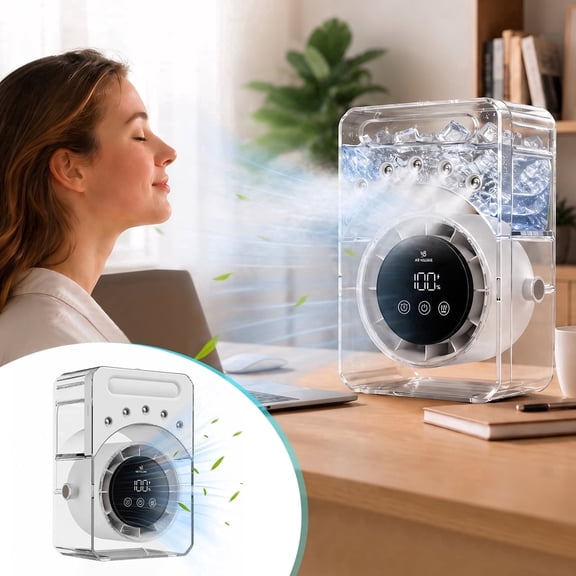 MQJIAZHI Portable Desk Misting Fan, 3600mAh Rechargeable, 20OZ Water Tank, 100-Speed Stepless Airflow 2300RPM, 5-Hole Spray Timer Oscillating for Home & Office