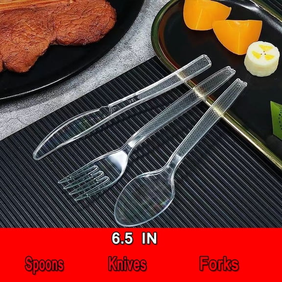6.5" Heavy Duty Clear Plastic Forks/Spoons/Knives Disposable Plastic Forks/Spoons/Knives Bulk Utensils Reusable Cutlery Set Thick Plasticware Silverware for Party,