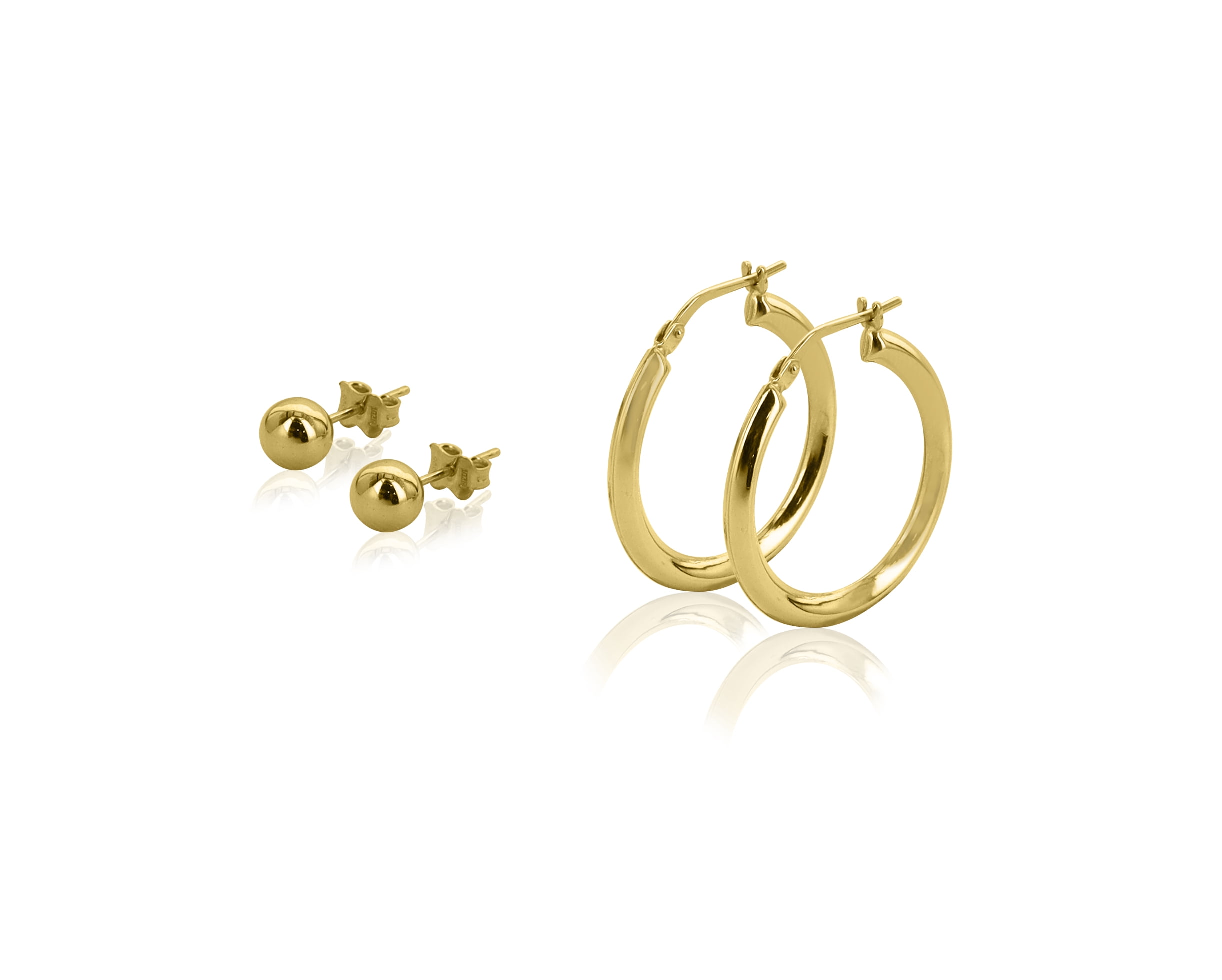 Brilliance Fine Jewelry Women's 14K Gold Plated Sterling Silver Glossy Yellow Studs And Hoops Adults Earrings Set