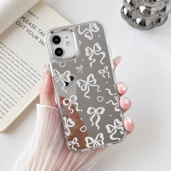 for iPhone 12/12 Pro Phone Case, Plating Mirror & Aesthetic Ribbon Bow Pattern, Cute for Girl Women Makeup, Slim Soft TPU Bumper Shockproof Protective Case for iPhone 12/12 Pro-White Bow Knot
