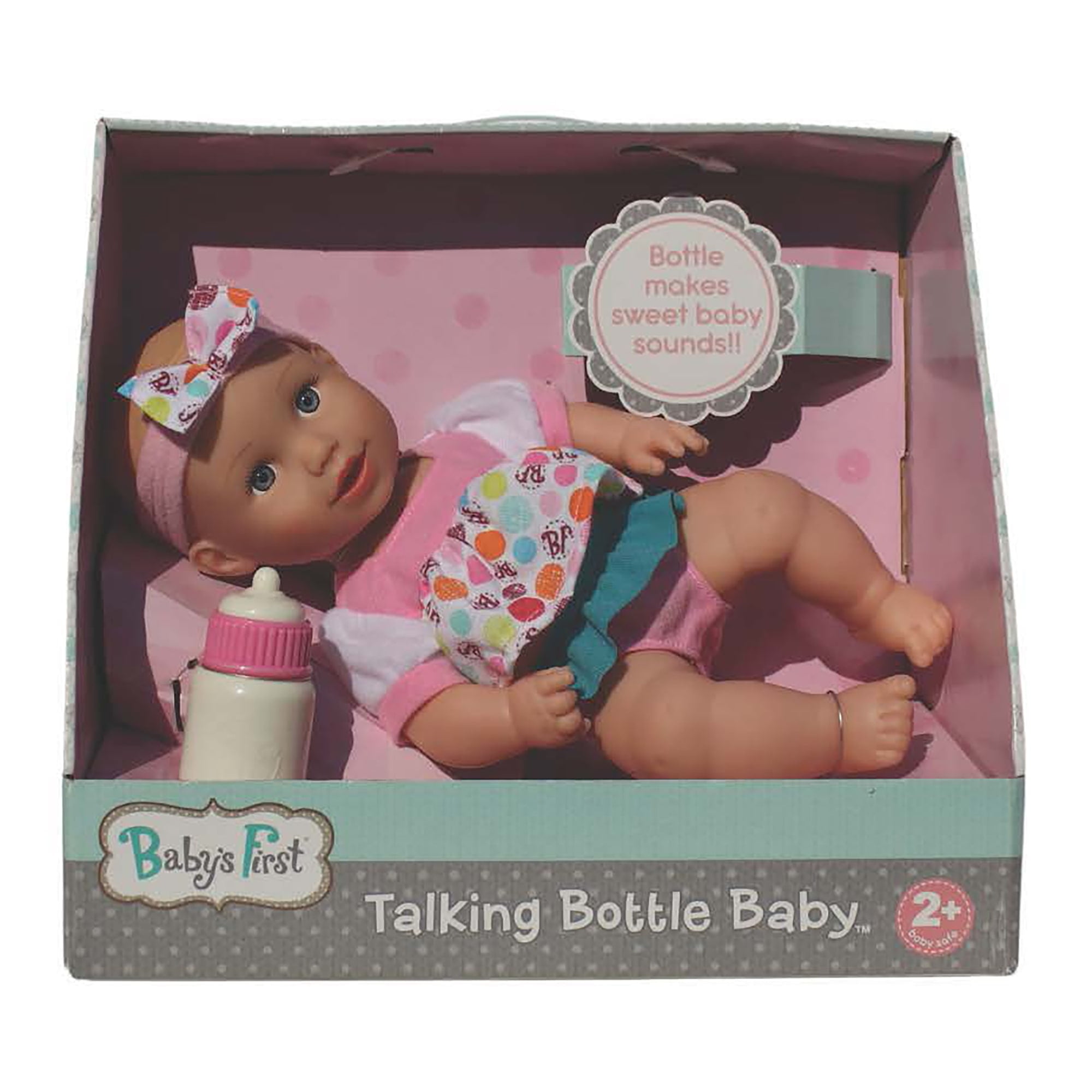 Goldberger Baby's First 13" Soft Body Talking Baby Doll with Bottle Baby White Top. A Realistic and Lightweight Soft Body Baby Doll for children 2 year & Up.